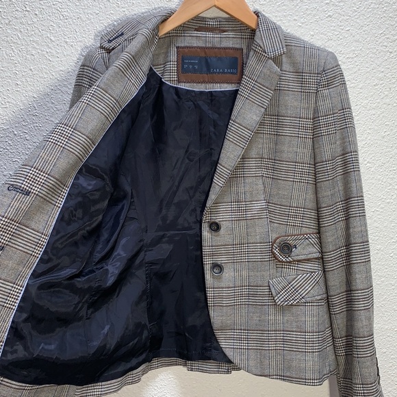 ZARA Basics Wool blend Plaid Blazer brown patchwork elbows 2 button satin lined - Picture 10 of 17